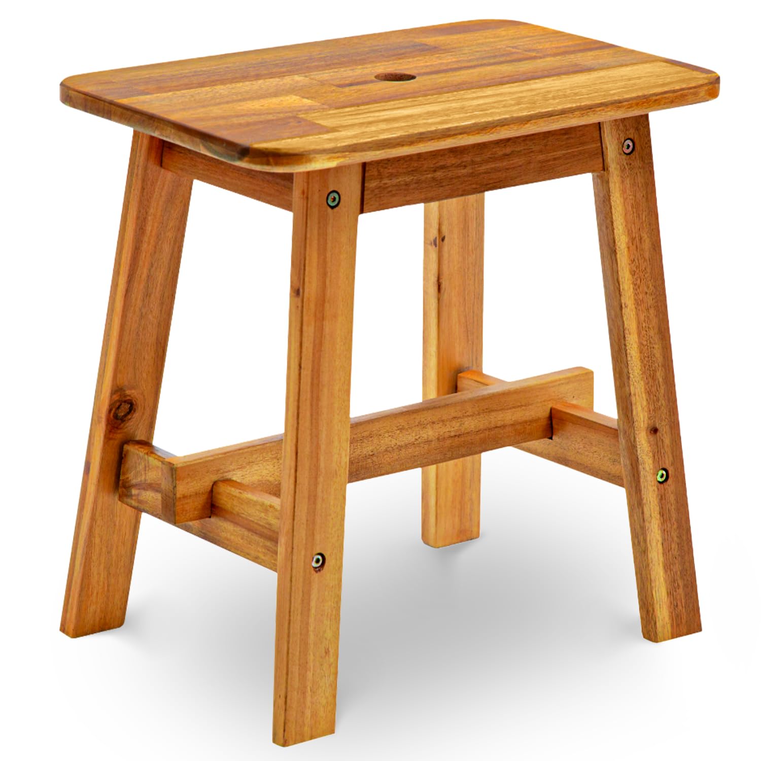 BEEFURNI Rectangular Acacia Wood Stool, Small Bench Seat, 18 Inch Stool, Wood Bathroom Stool, Plant Stools Indoor, 350 LBS Load